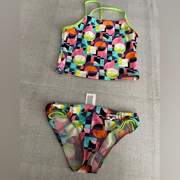 [US28] ARENA Girl's Marble Jr Tankini Black/Leaf- EUC - Picture 2 of 9